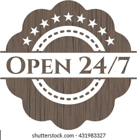 Open 24/7 wooden emblem. Retro