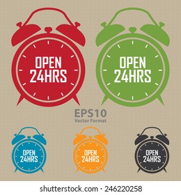 open 24hrs on alarm clock sticker, badge, icon, stamp, label, banner, sign, vector format