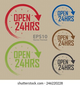 open 24hrs sticker, badge, icon, stamp, label, banner, sign, vector format