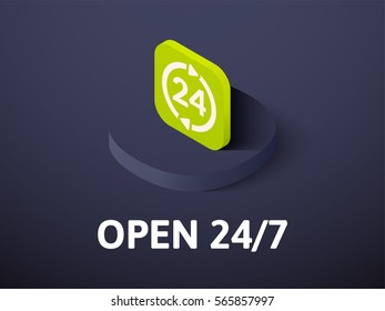 Open 27/7 icon, vector symbol in flat isometric style isolated on color background