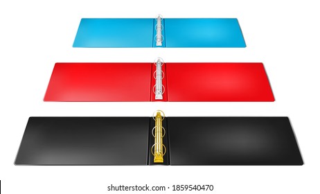 Open 3 Ring Binder File Folder. Side View, Diminishing Perspective. Color Mockup Set. Black, Red, Blue Colours. Easy To Recolor.