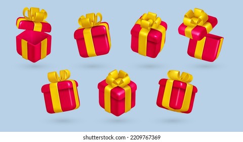 Open 3d birthday gift box. Presents different angle view, render objects, red surprise prize with golden bow and ribbon, floating color christmas wrapped giftbox, vector realistic illustration