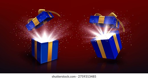 Open 3D blue gift box with golden bow, magic glow, confetti explosion and floating ribbons. Realistic present surprise with glowing effects and flying decorative elements. Birthday celebration design