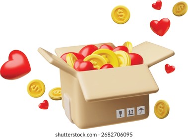Abra la caja 3d con monedas de dólar de oro y corazones rojos. Donaciones, aporte, caridad, Asistencia, amor. Ilustración vectorial. Estilo de dibujos animados. Icono aislado.