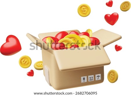 Open 3d box with gold dollar coins and red hearts. Donations, contribution, charity, support, love. Vector illustration. Cartoon style. Isolated icon.