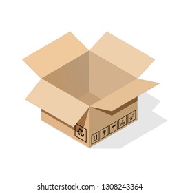 Open 3d cardboard box in isometric style with flat shadow. Plus a set of basic informational signs and packaging and product requirements. EPS10