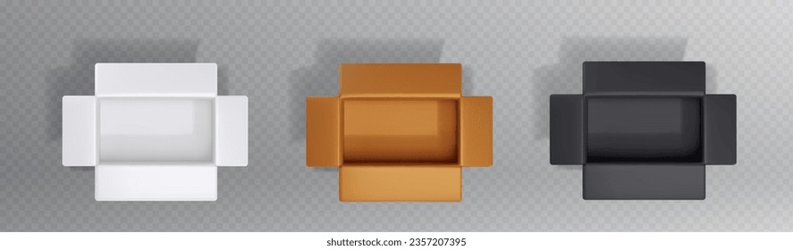 Open 3D cardboard box mockups isolated on transparent background. Vector realistic illustration of empty white, brown, black carton packages for parcel, goods delivery, cargo shipping services