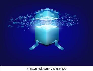 Open 3d  gift box with blue heart.Blue box with blue ribbon and right out of the box.Surprise box,open box,excited,party.Vector gift and present concept.