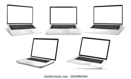 Open 3D mockup laptops in different positions - front view, perspective and isometric. Great set Mockups in realistic style with blank screen and shadow. Notebook template for presentation. Vector set