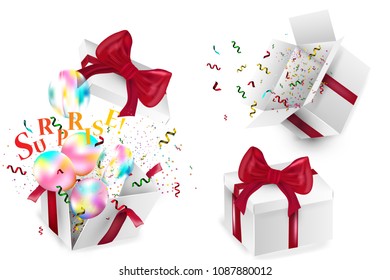 Open 3d realistic gift box with red bow, balloons and multicolored confetti, isolated on white background with shadow. Vector illustration.