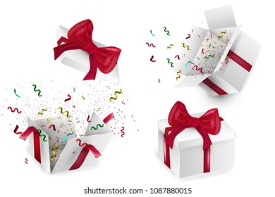 Open 3d realistic gift box with red bow, balloons and multicolored confetti, isolated on white background with shadow. Vector illustration.