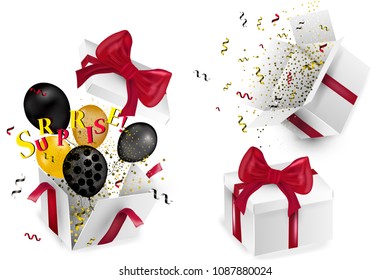 Open 3d realistic gift box with red bow, balloons and multicolored confetti, isolated on white background with shadow. Vector illustration.
