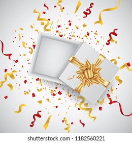 Open 3d realistic gift box with gold ribbon and confetti. Vector illustration.