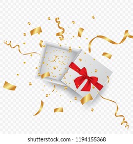 Open 3d realistic gift box with red ribbon and confetti. Vector illustration.