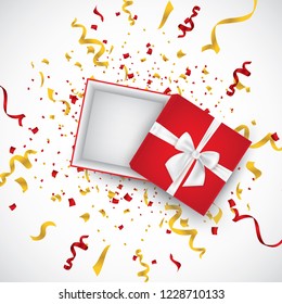 Open 3d realistic gift box with white ribbon and confetti. Vector illustration.