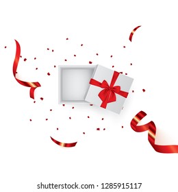 Open 3d realistic gift box with red ribbon and confetti. Vector illustration. EPS 10
