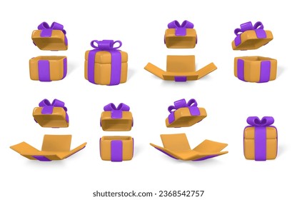 Abrir caja de regalo 3D realista con cinta adhesiva y arco para vacaciones navideñas. Ilustración vectorial.