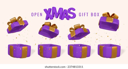 Open 3d realistic gift box with ribbon and bow for Xmas holiday. Vector illustration.