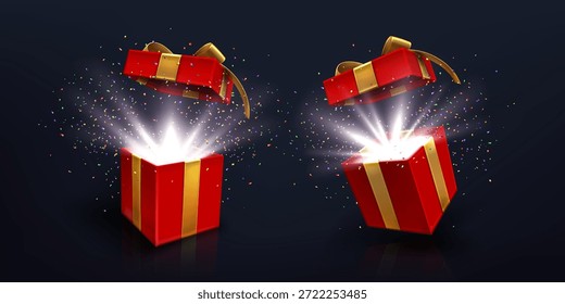 Offene 3D-rote Geschenkbox mit goldener Schleife, magischem Glanz, Konfetti-Explosion. Realistische Gegenwartsüberraschung mit glühenden Effekten und fliegenden dekorativen Elementen. Gestaltung der Geburtstagsfeier