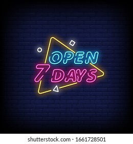 Open 7 Days. Neon Signs Style Text Vector