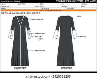 ABIERTO ABAYA BLAZER MAXI VESTIDO DE MODA FÁCIL EDITABLE TÉCNICO PLANO DISEÑO DE ILUSTRACIÓN DE BOCETO