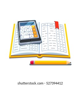 Open Accounting Book Or Ledger Tables With Calculator And Pencil. Flat Style Vector Illustration Isolated On White Background.