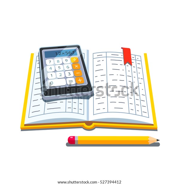 Open accounting book or ledger tables with\
calculator and pencil. Flat style vector illustration isolated on\
white background.