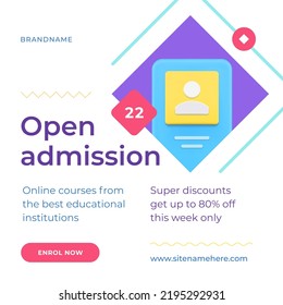 Open admission digital educational institutes sale academy studying social media post realistic 3d icon vector illustration. E learning graduation electronic support distance registration technology