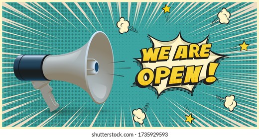 Anuncio abierto. Anuncio en megáfono. Altavoz en el círculo de vector azul punteado. Diseño de burbujas de voz. Estrategia de marketing, publicidad, campaña de promoción. Anuncio de sensibilización