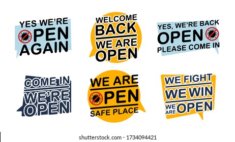 Open again after quarantine and Covid-19 outbreak set. Business reopening information badges collection. Vector illustration.