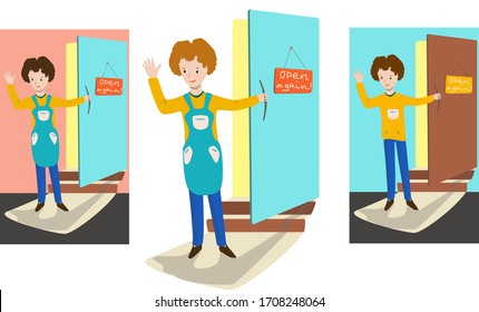 Open again after quarantine, flat vector illustration of small business owner welcoming customers, information about re-opening of a shop, service, caffe, restaurante, barbershop are working again