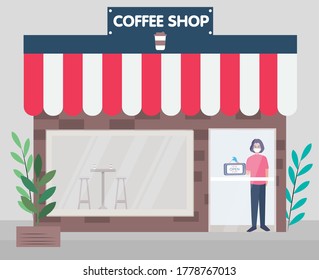 Open again after quarantine, label of reopening of shop, we are open again, coffee shop facade vector illustration design. Open after lockdown quarantine. Reopening. The end of quarantine.