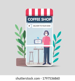 Open again after quarantine, label of reopening of online shop out of the phone. We are open again, coffee shop app on a smartphone with delivery woman, wearing a face mask and gloves. Coffee delivery