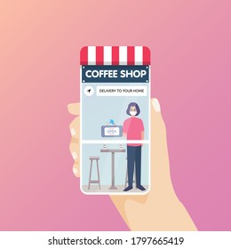 Open again after quarantine, label of reopening of online shop out of the phone. We are open again, coffee shop app on a smartphone with delivery woman, wearing a face mask and gloves. Coffee delivery