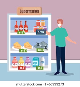 open again after quarantine, man with label of reopening of shop, we are open again, supermarket buy groceries vector illustration design