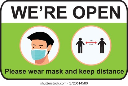 Open again after quarantine, vector illustration of small business owner welcoming customers, information re-opening of shop, service, cafe, restaurant, barbershop are working again, We are Open again