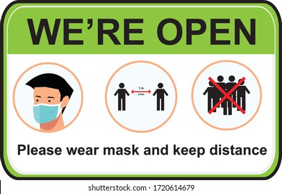 Open again after quarantine, vector illustration of small business owner welcoming customers, information re-opening of shop, service, cafe, restaurant, barbershop are working again, We are Open again