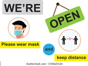 Open again after quarantine, vector illustration of small business owner welcoming customers, information re-opening of shop, service, cafe, restaurant, barbershop are working again, We are Open again