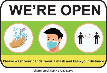 Open again after quarantine, vector illustration of small business owner welcoming customers, information re-opening of shop, service, cafe, restaurant, barbershop are working again, We are Open again