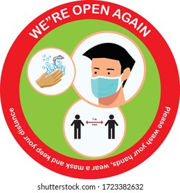 Open again after quarantine, vector illustration of small business owner welcoming customers, information re-opening of shop, service, cafe, restaurant, barbershop are working again, We are Open again