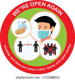 Open again after quarantine, vector illustration of small business owner welcoming customers, information re-opening of shop, service, cafe, restaurant, barbershop are working again, We are Open again