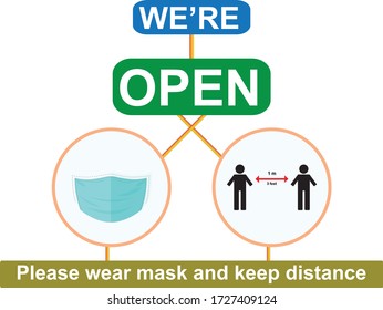Open again after quarantine, vector illustration of small business owner welcoming customers, information re-opening of shop, service, cafe, restaurant, barbershop are working again, We are Open again