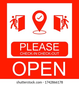 Open again after quarantine, vector illustration of small business owner welcoming customers, information re-opening of shop, service, cafe, restaurant, barbershop are working again, Please check in.