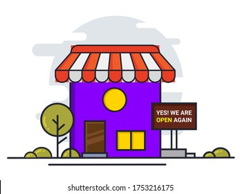 Open again after quarantine, vector illustration of small business owner welcoming customers, information re-opening of shop, service, cafe, restaurant, barbershop are working again, We are Open again