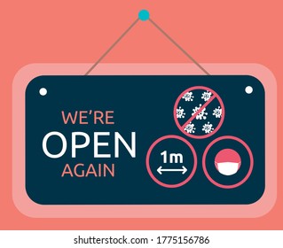 Open again after quarantine, we are open again. Reopening. The end of quarantine. Keep social distance and use face mask.