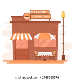 Open Again Coffee Cafe Shop with Exterior Table and Chairs on White Background.