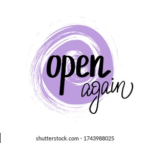 Open again sign vector handwritten text on purple abstract round background
