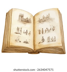 Um caderno de desenhos aberto e envelhecido com esboços em tons sépia de edifícios e figuras, exibindo cenas arquitetônicas e pessoas com trajes históricos.