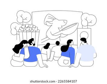 Open air cinema abstract concept vector illustration. Open air movie theater, backyard cinema, watch film outdoors, drive-in service, buy tickets online, rent inflatable screen abstract metaphor.