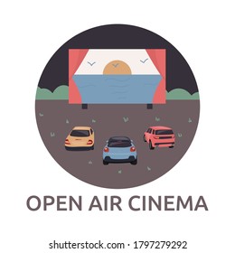 Open air cinema for cars with people. Cars stand at a large screen on which a film is shown. Logo on a white background. Vector